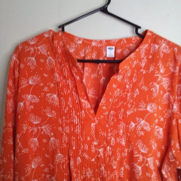 Old Navy Shirt Blouse Women XL Long Sleeve Babydoll Pattern Orange White - Picture 3 of 14